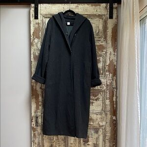 Long Charcoal Gray Hooded Wool European Coat, XL